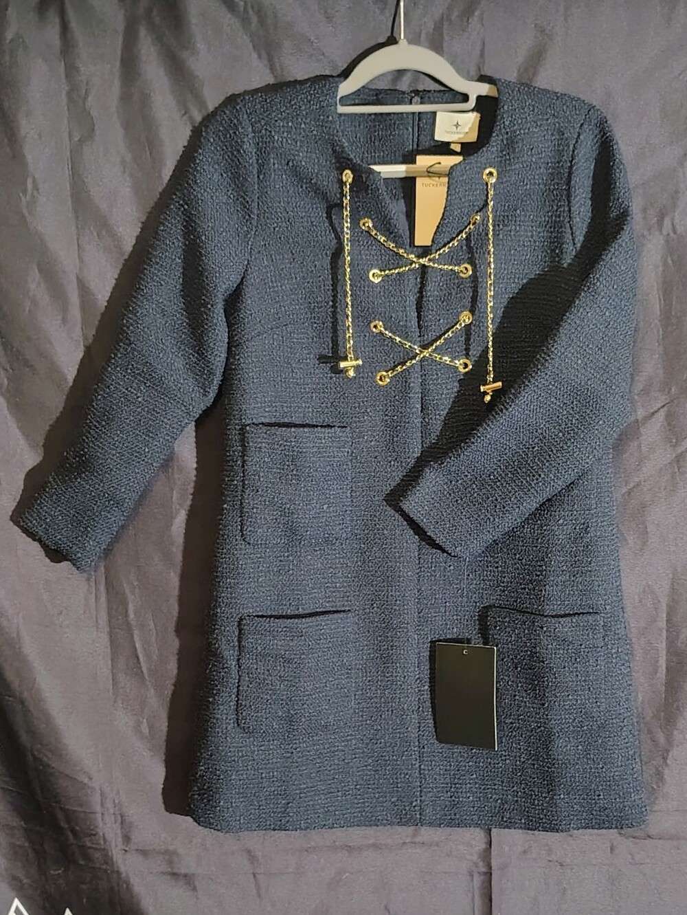 NWT Tuckernuck Navy Tie Tweed Kelly Dress Gold Chain Lace-Up Small